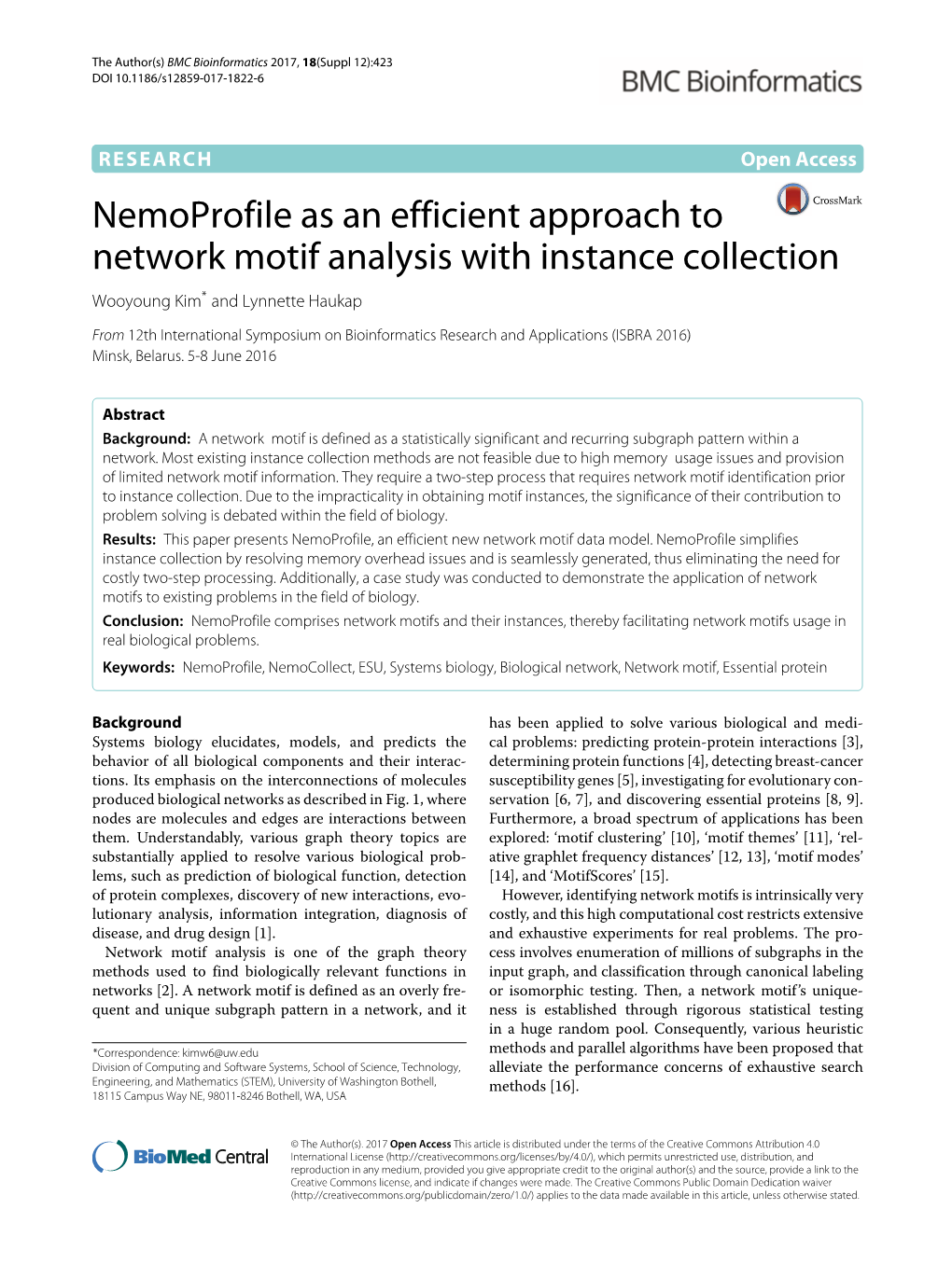 Nemoprofile As an Efficient Approach to Network Motif Analysis with Instance Collection Wooyoung Kim* and Lynnette Haukap