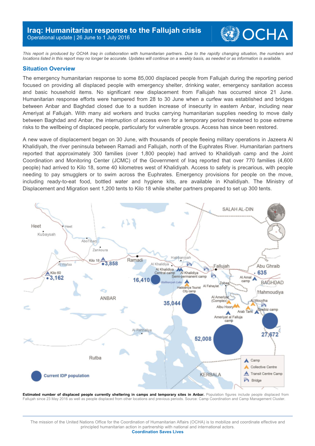 Iraq: Humanitarian Response to the Fallujah Crisis Operational Update | 26 June to 1 July 2016