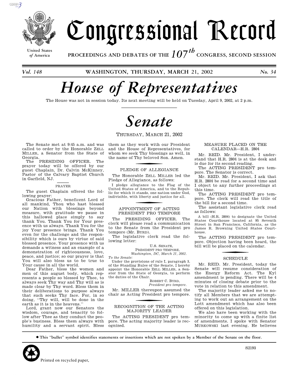 Congressional Record United States Th of America PROCEEDINGS and DEBATES of the 107 CONGRESS, SECOND SESSION