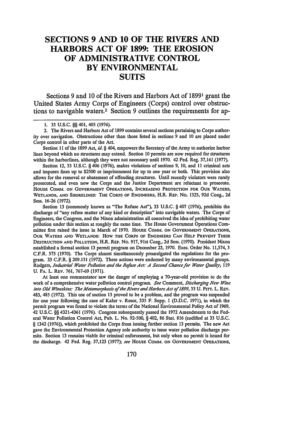 Sections 9 and 10 of the Rivers and Harbors Act of 1899: the Erosion of Administrative Control by Environmental Suits