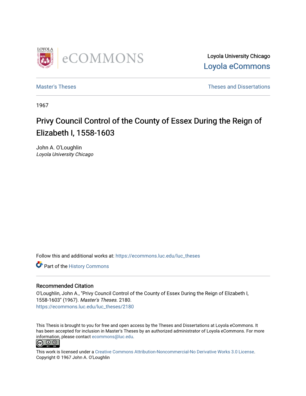 Privy Council Control of the County of Essex During the Reign of Elizabeth I, 1558-1603