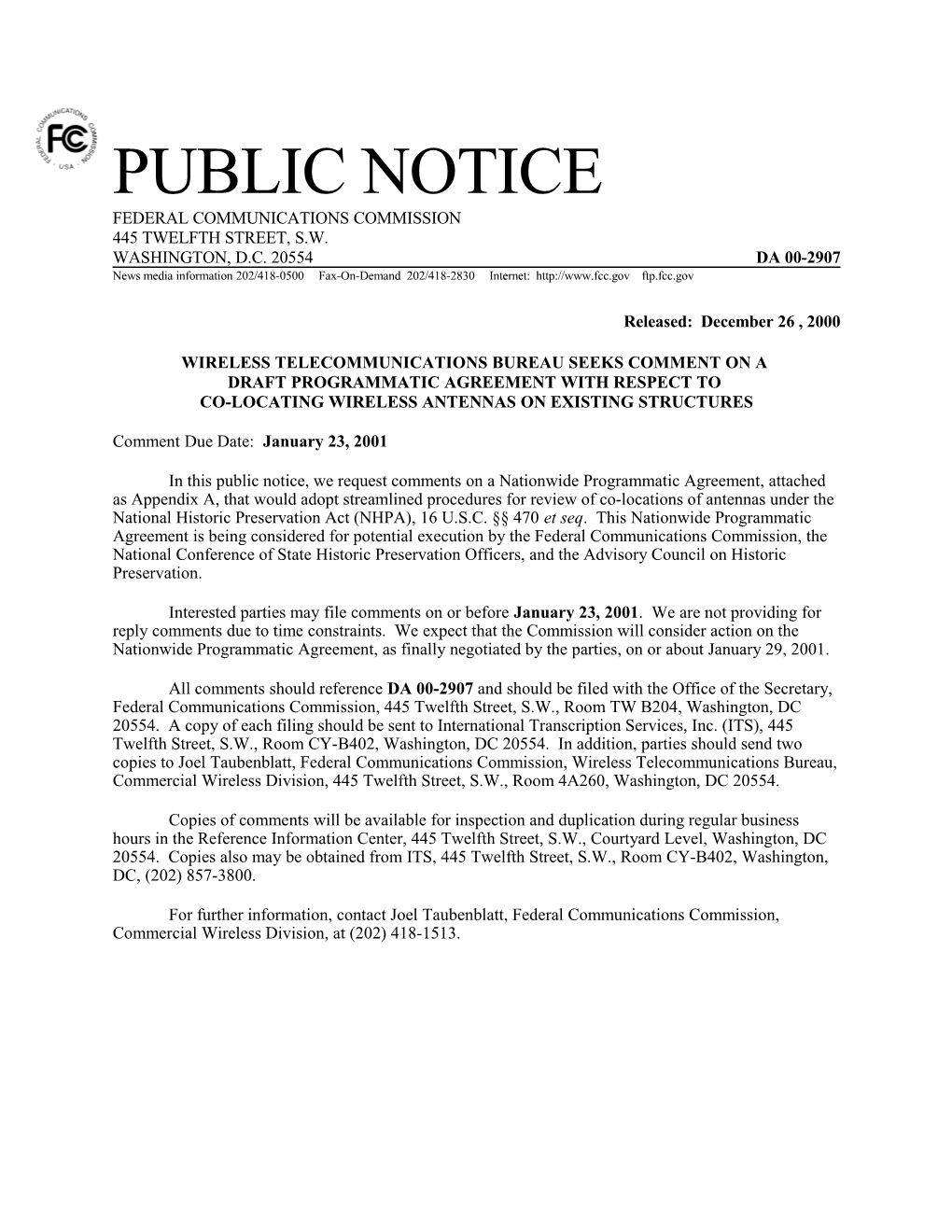 Wireless Telecommunications Bureau Seeks Comment on A