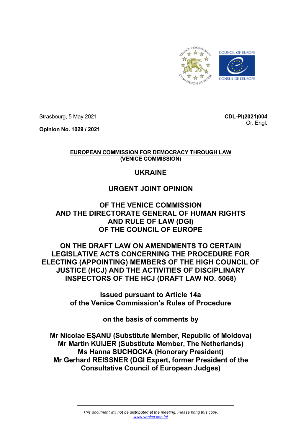 Ukraine Urgent Joint Opinion of the Venice Commission