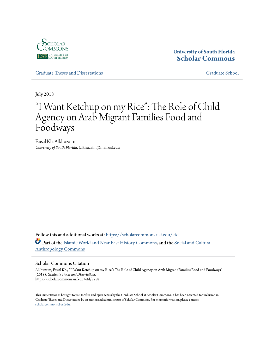 The Role of Child Agency on Arab Migrant Families Food and Foodways Faisal Kh