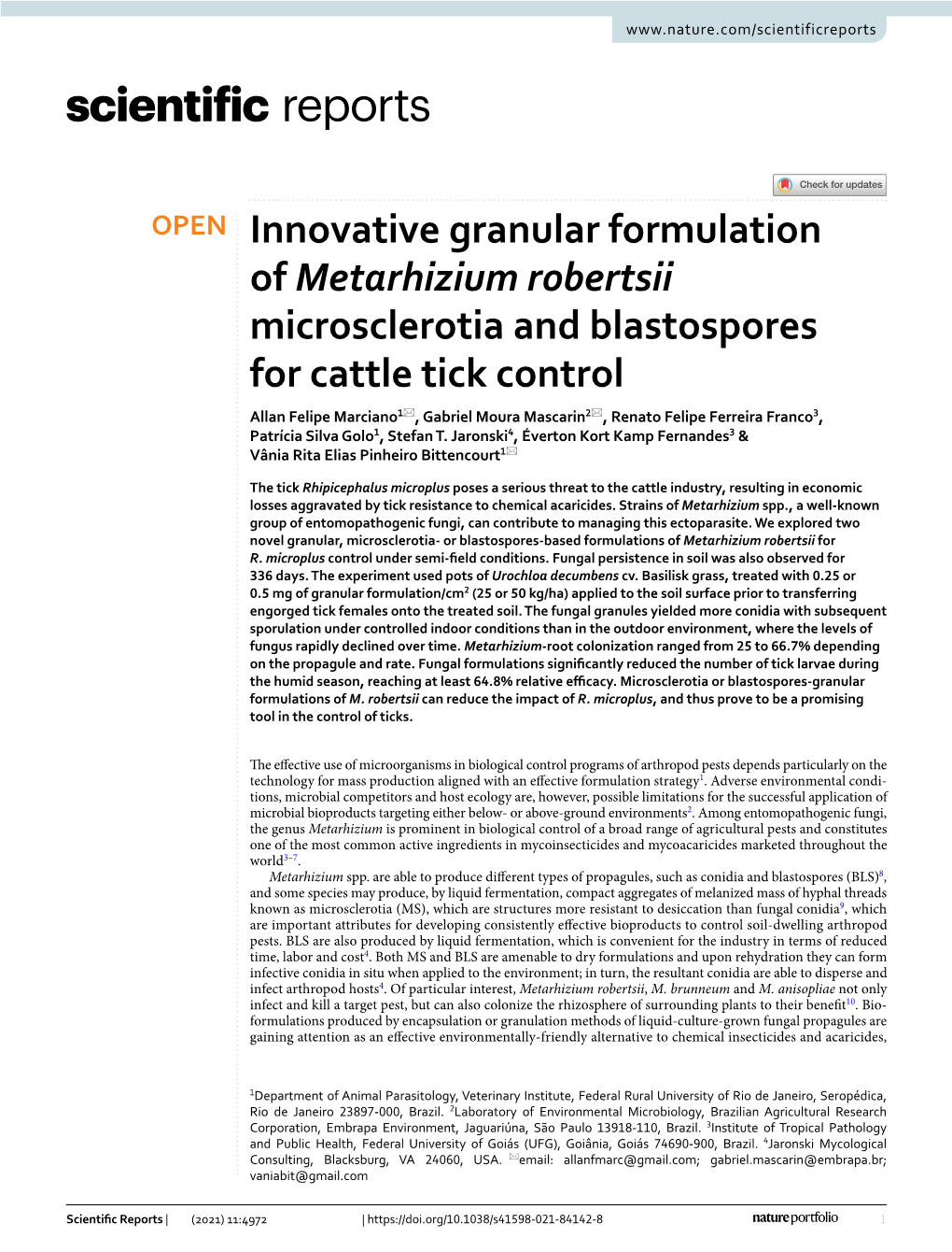 Innovative Granular Formulation of Metarhizium Robertsii Microsclerotia