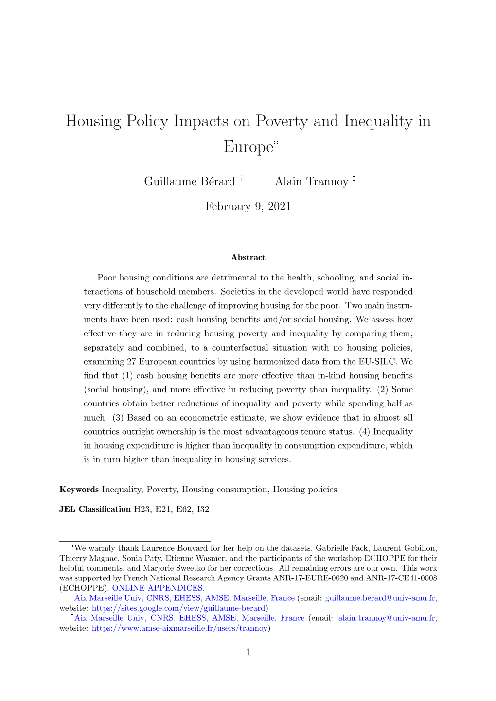 Housing Policy Impacts on Poverty and Inequality in Europe*