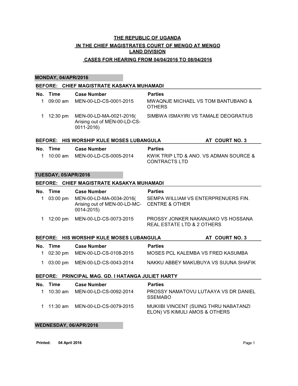 The Republic of Uganda in the Chief Magistrates Court of Mengo at Mengo Land Division Cases for Hearing from 04/04/2016 to 08/04/2016