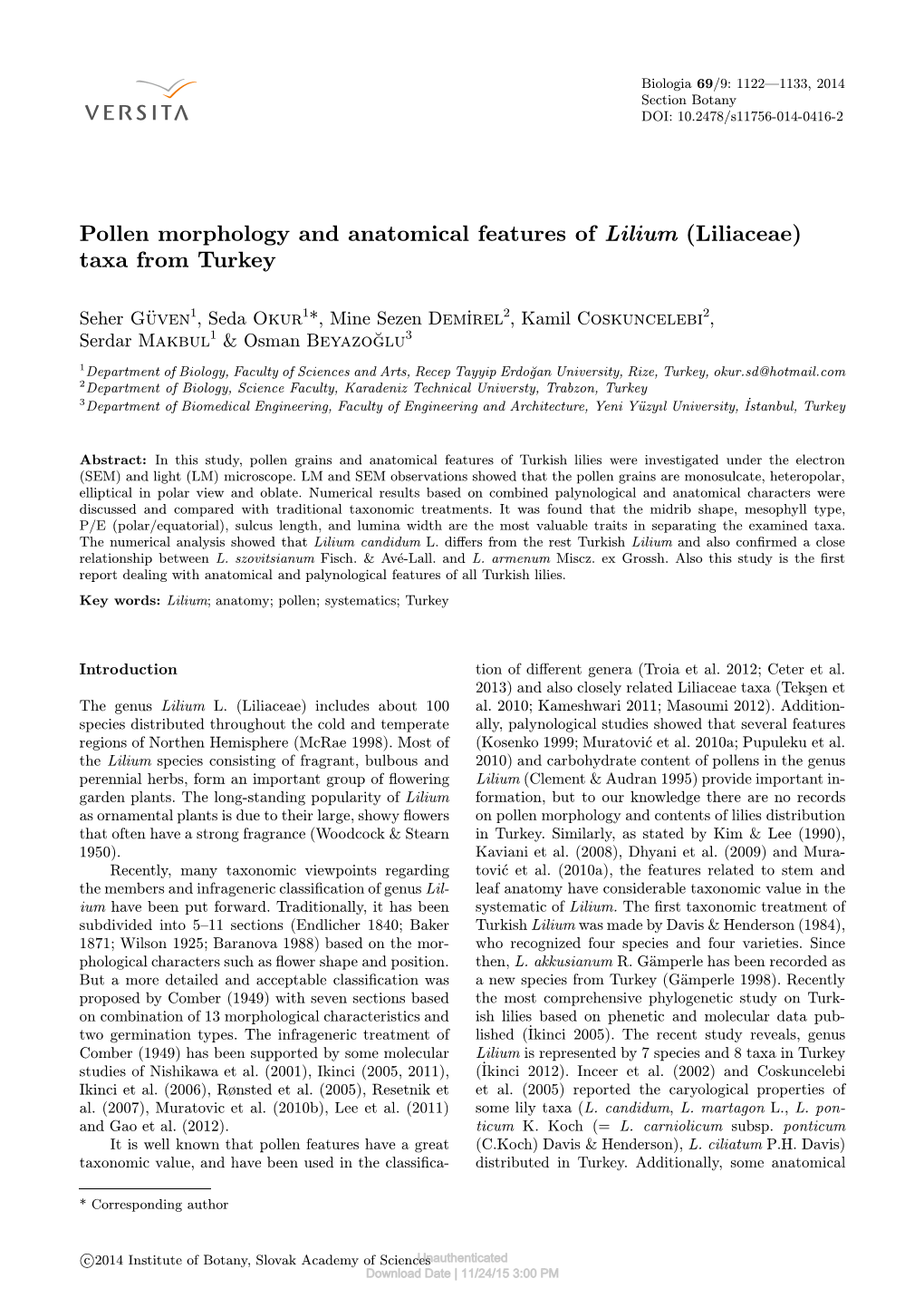 Pollen Morphology and Anatomical Features of Lilium (Liliaceae) Taxa from Turkey