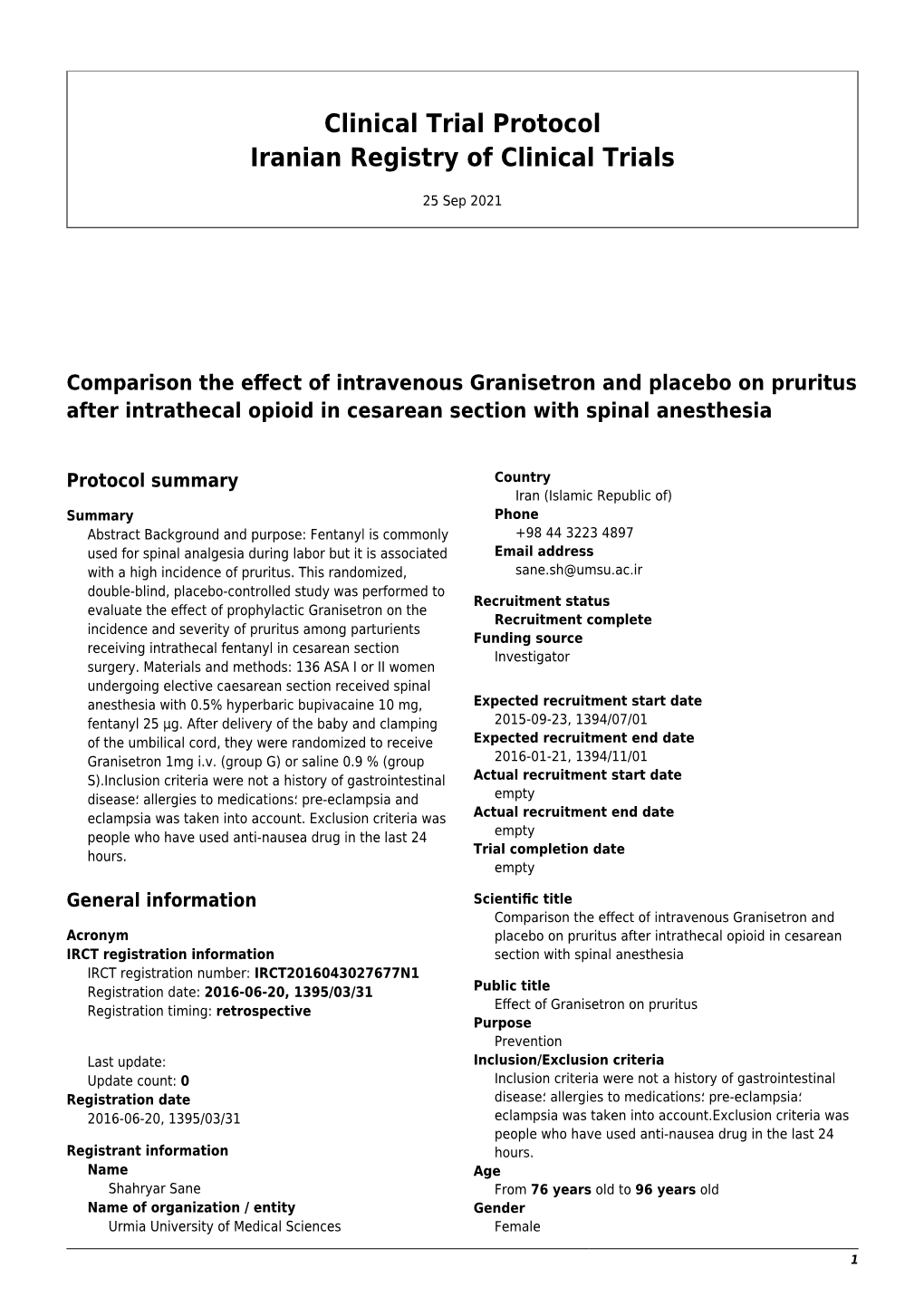 Clinical Trial Protocol Iranian Registry of Clinical Trials