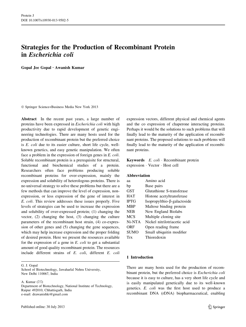 Strategies for the Production of Recombinant Protein in Escherichia Coli