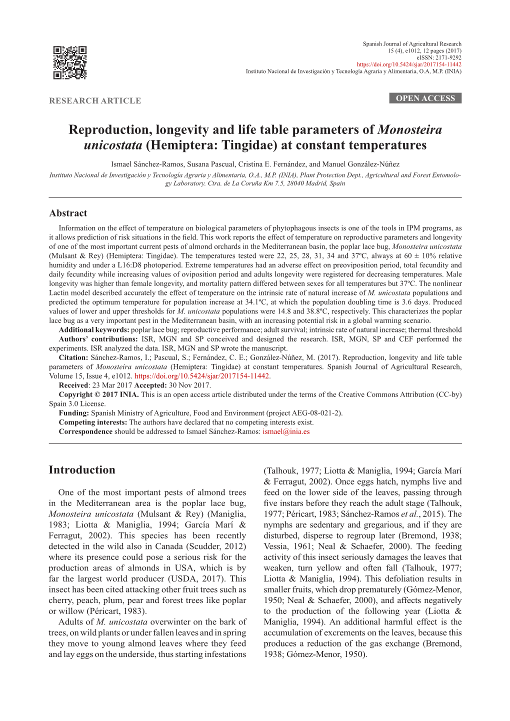 Hemiptera: Tingidae) at Constant Temperatures Ismael Sánchez-Ramos, Susana Pascual, Cristina E