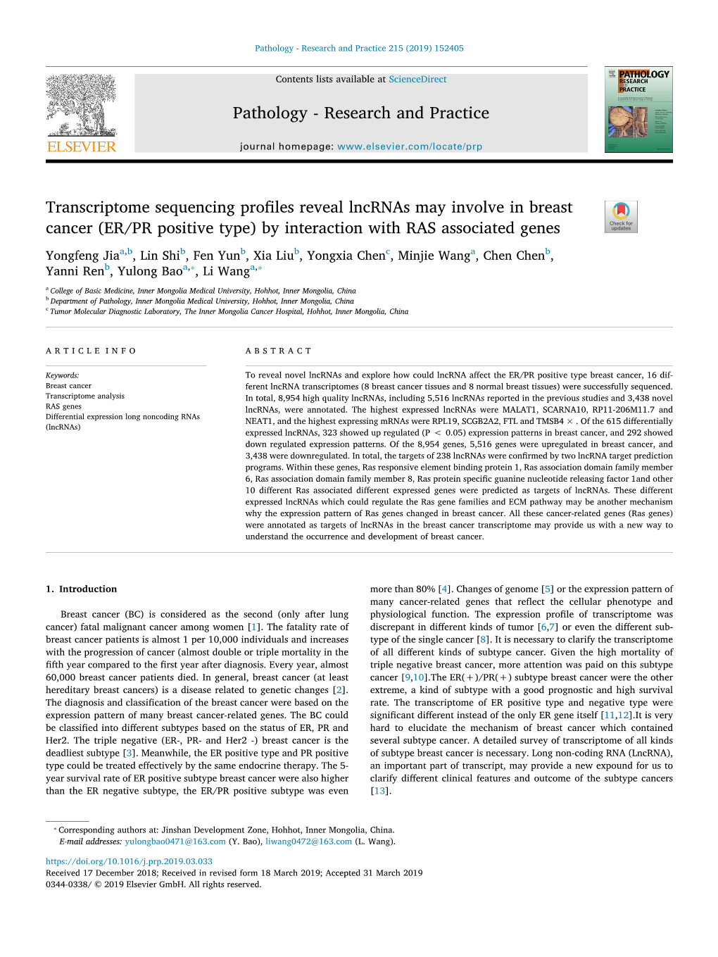 Transcriptome Sequencing Profiles Reveal Lncrnas May Involve in Breast Cancer (ER/PR Positive Type) by Interaction with RAS Asso