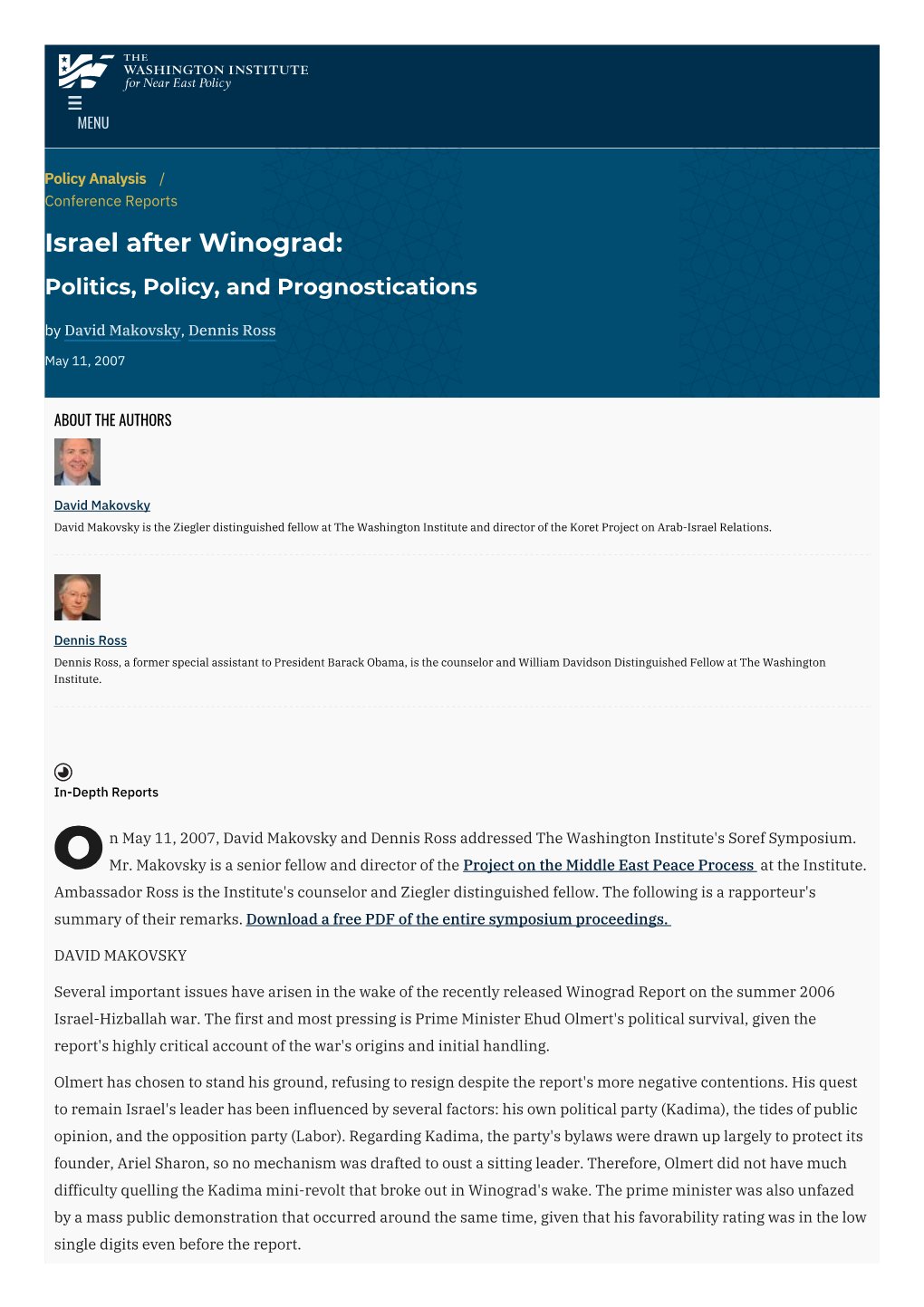 Israel After Winograd: Politics, Policy, and Prognostications | The