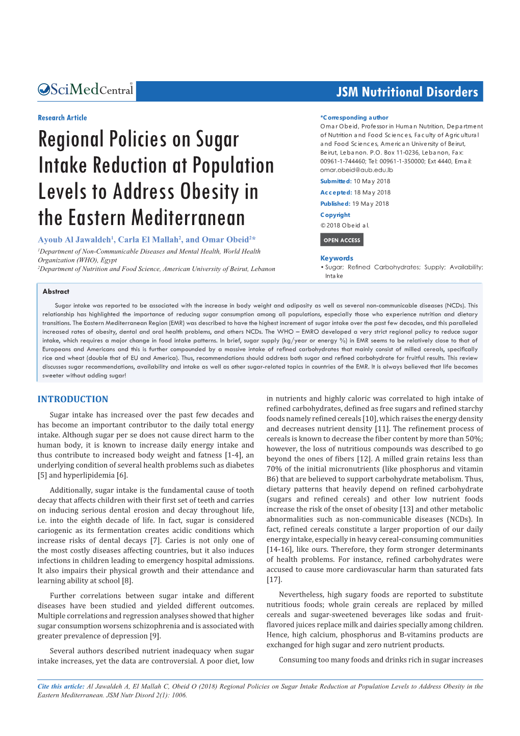 Regional Policies on Sugar Intake Reduction at Population Levels to Address Obesity in the Eastern Mediterranean