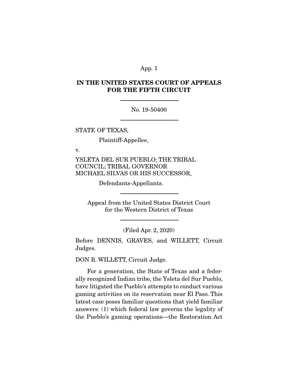 App. 1 in the UNITED STATES COURT of APPEALS for THE