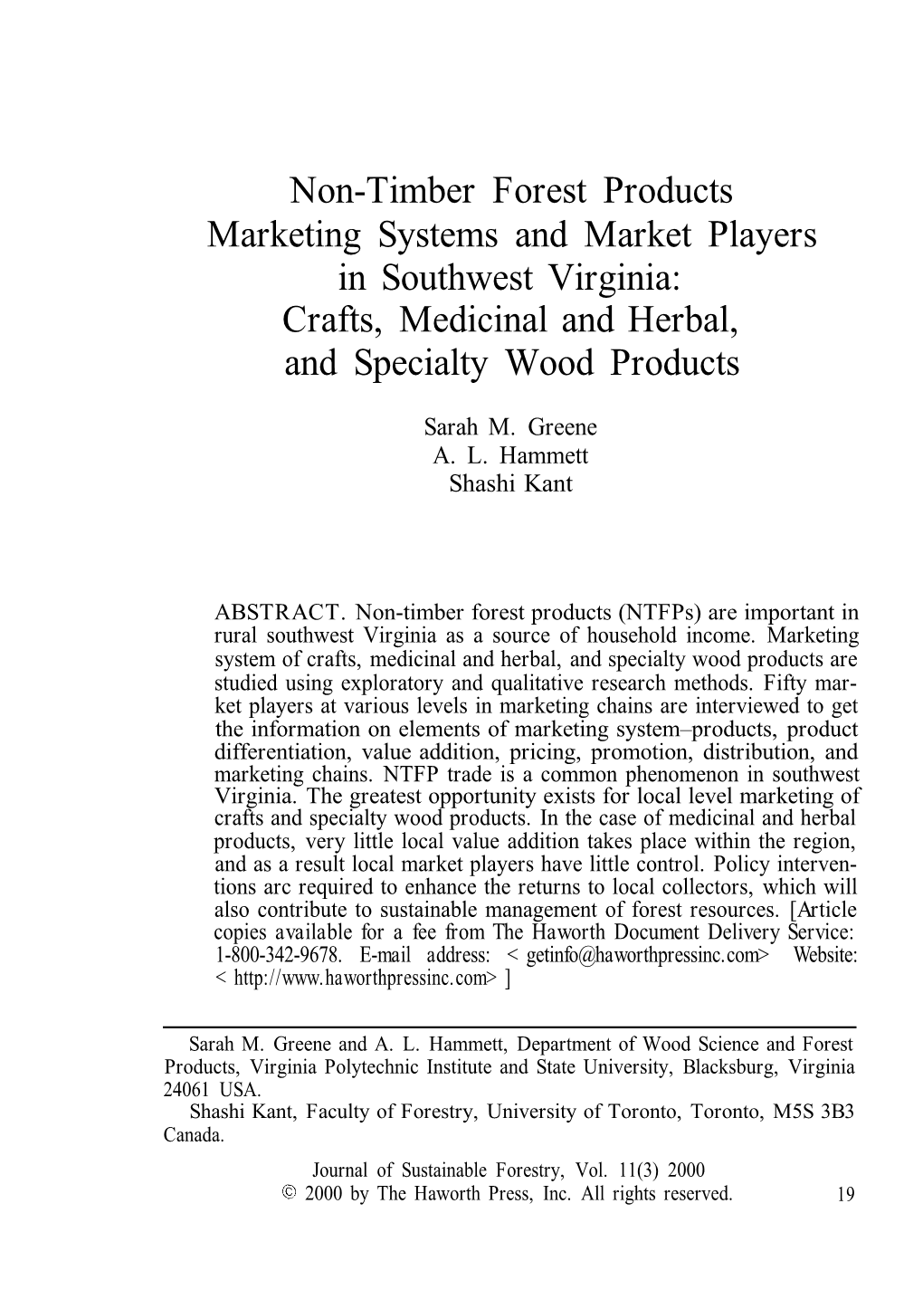 Non-Timber Forest Products Marketing Systems and Market Players in Southwest Virginia: Crafts, Medicinal and Herbal, and Specialty Wood Products