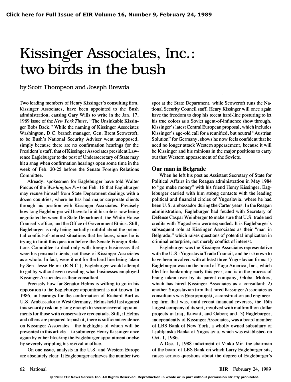 Kissinger Associates, Inc.: Two Birds in the Bush
