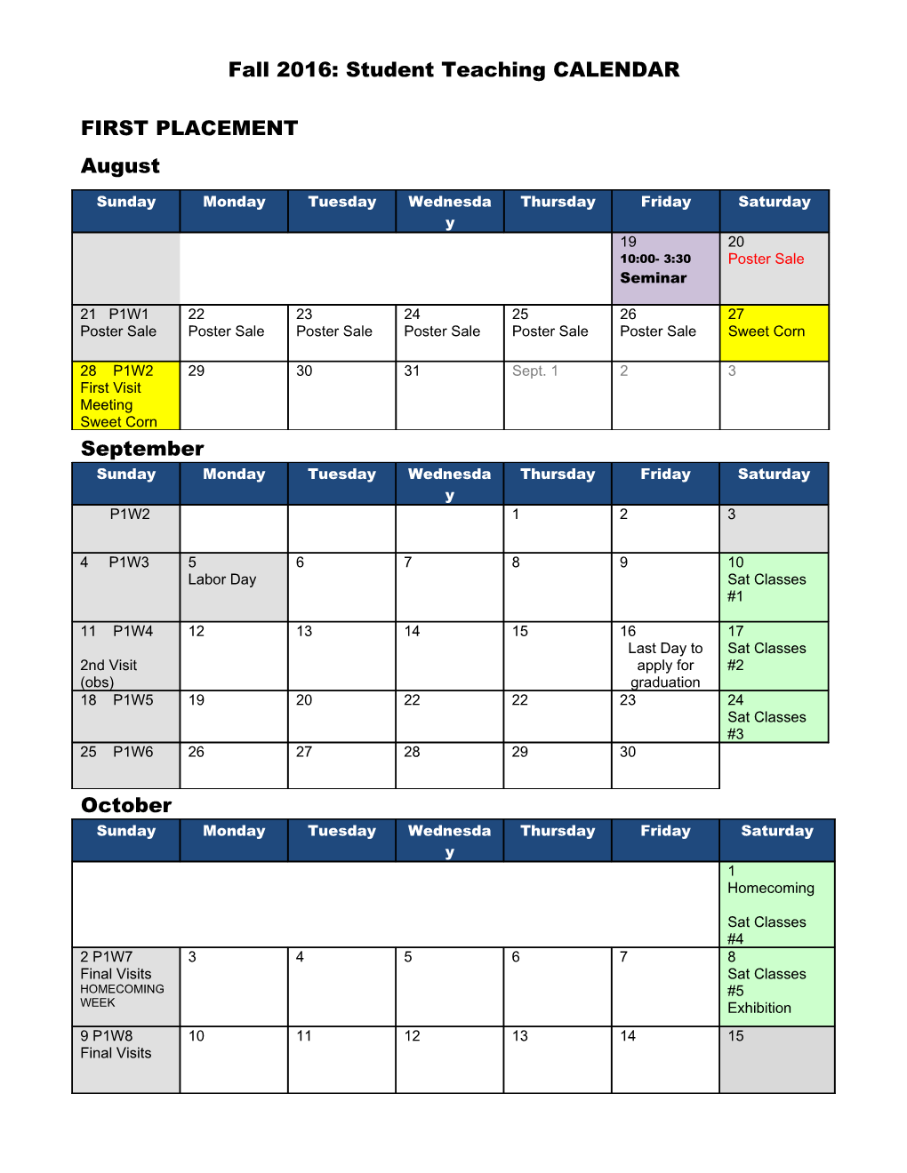 Fall 2001 Student Teaching Calendar