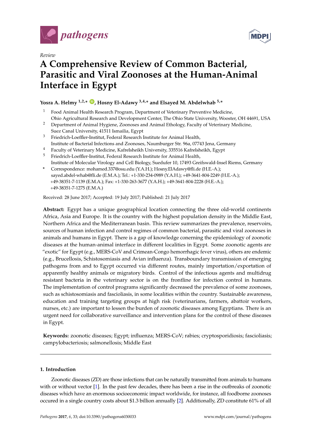 A Comprehensive Review of Common Bacterial, Parasitic and Viral Zoonoses at the Human-Animal Interface in Egypt