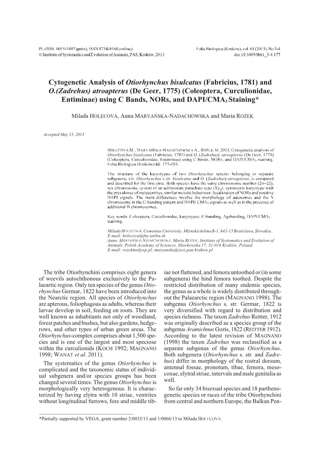 Cytogenetic Analysis of Otiorhynchus Bisulcatus (Fabricius, 1781) and O