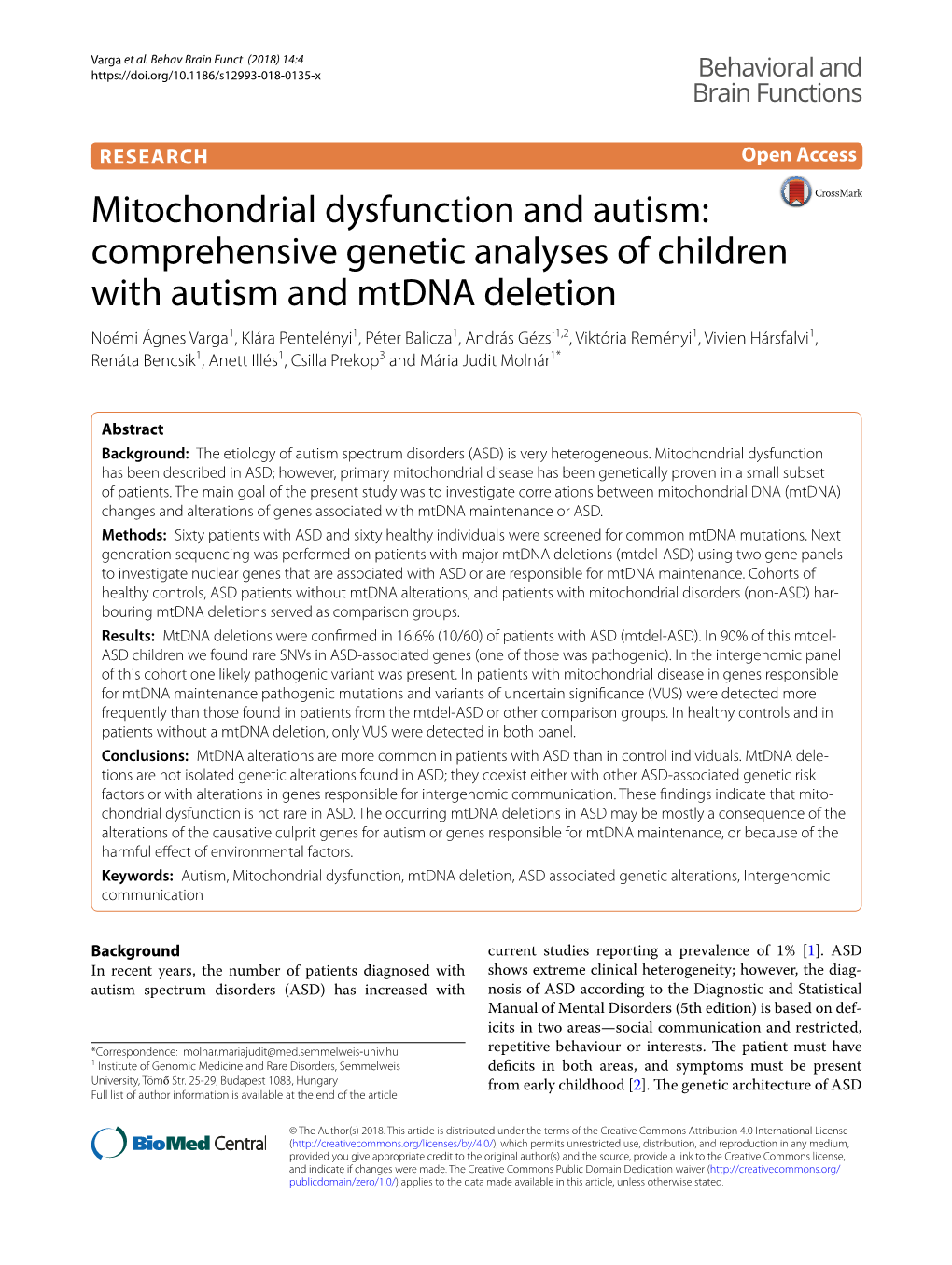 Mitochondrial Dysfunction and Autism