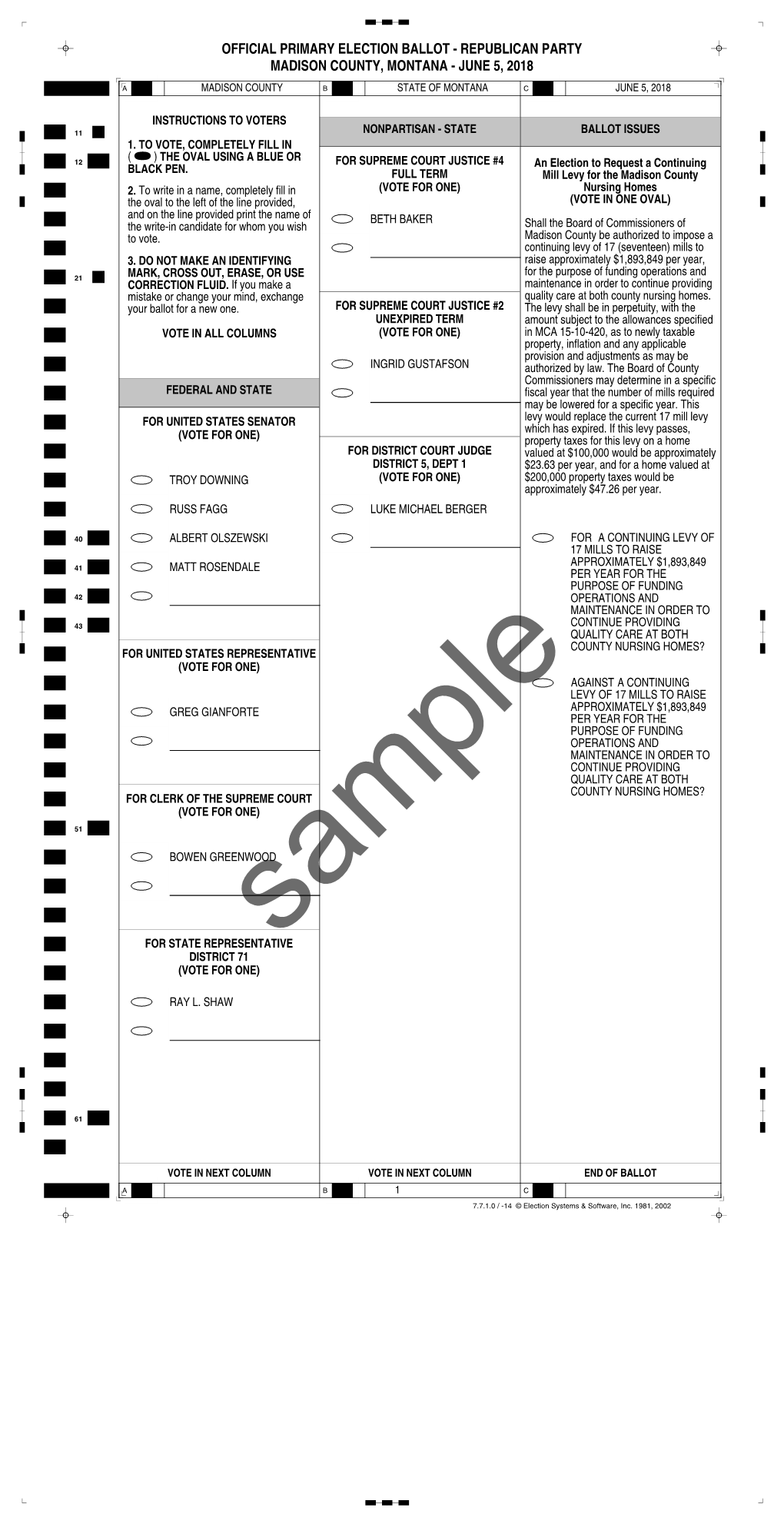 Official Primary Election Ballot - Republican Party Madison County, Montana - June 5, 2018
