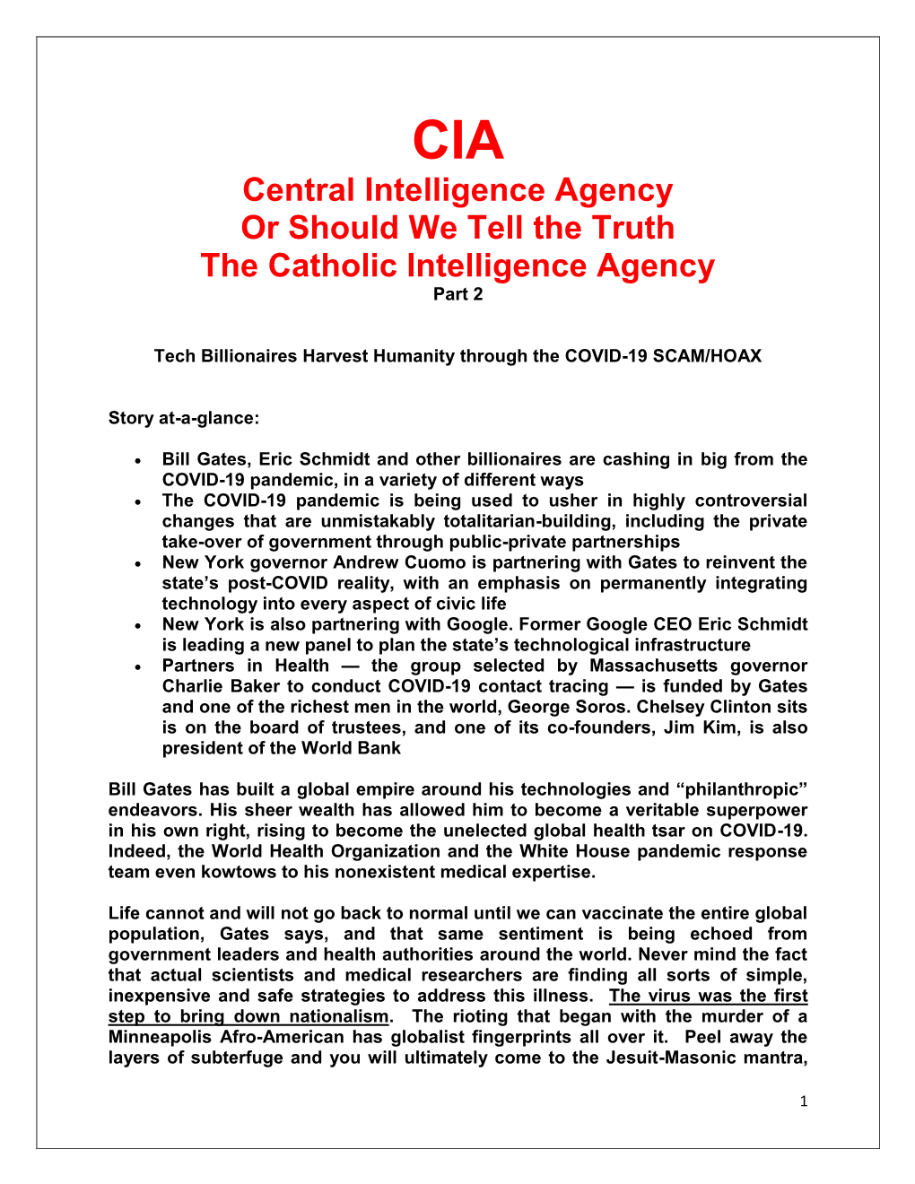 Central Intelligence Agency Or Should We Tell the Truth the Catholic Intelligence Agency Part 2