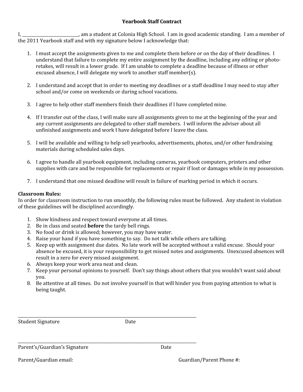 Yearbook Staff Contract