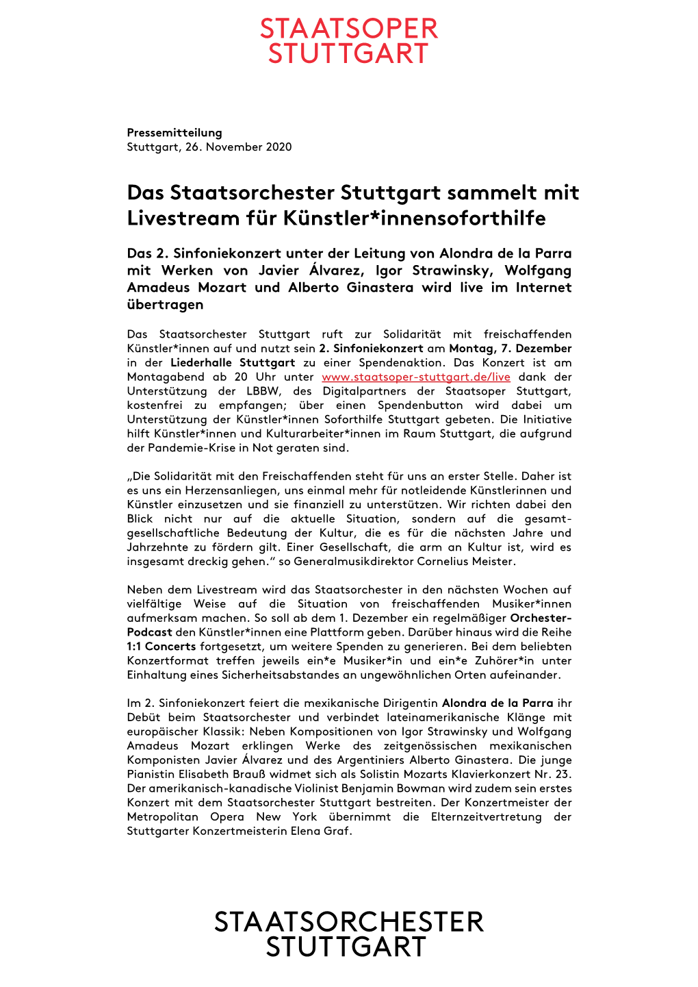 Das Staatsorchester Stuttgart Sammelt Mit Livestream Für Künstler*Innensoforthilfe