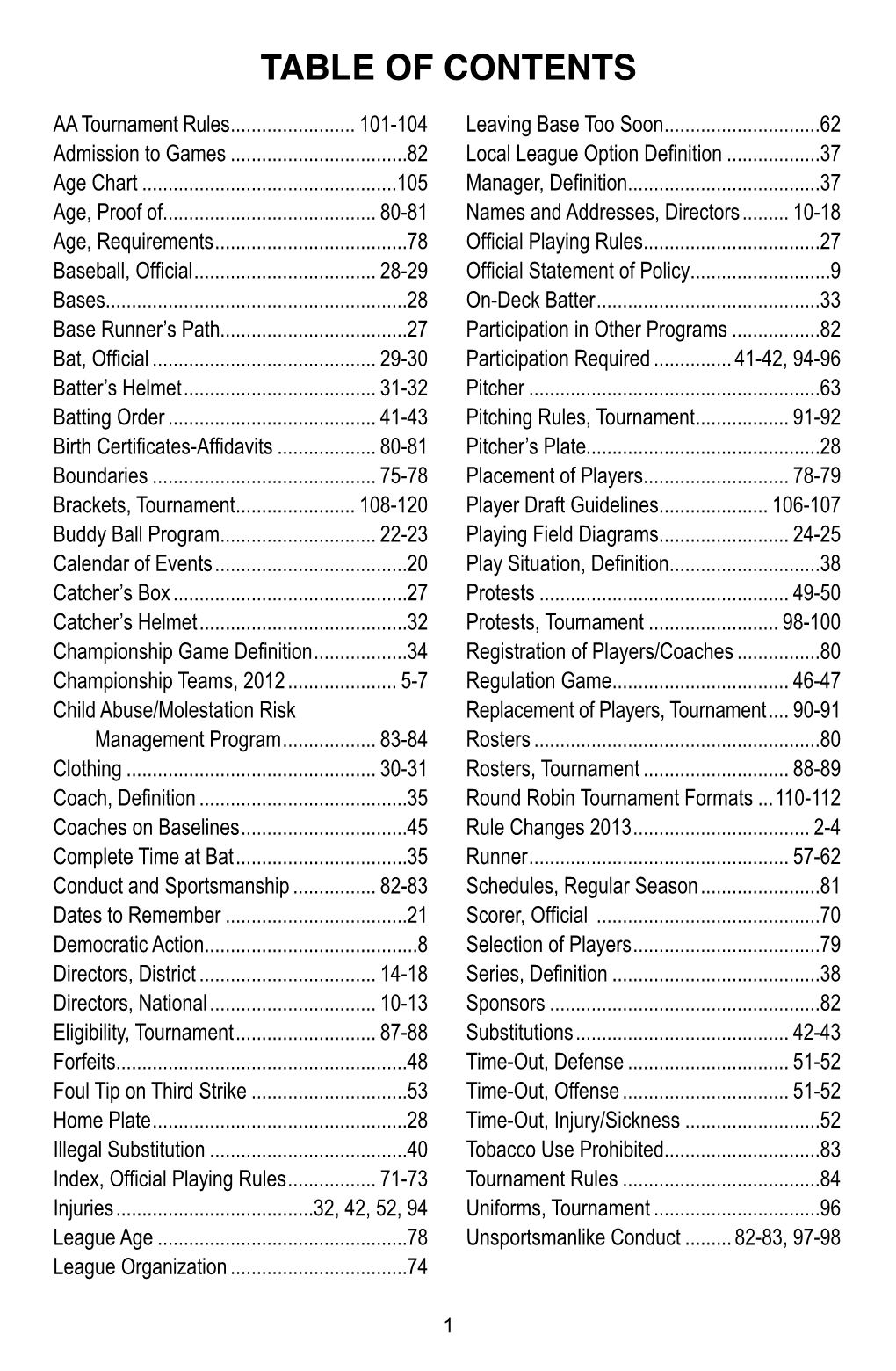 TABLE of CONTENTS AA Tournament Rules