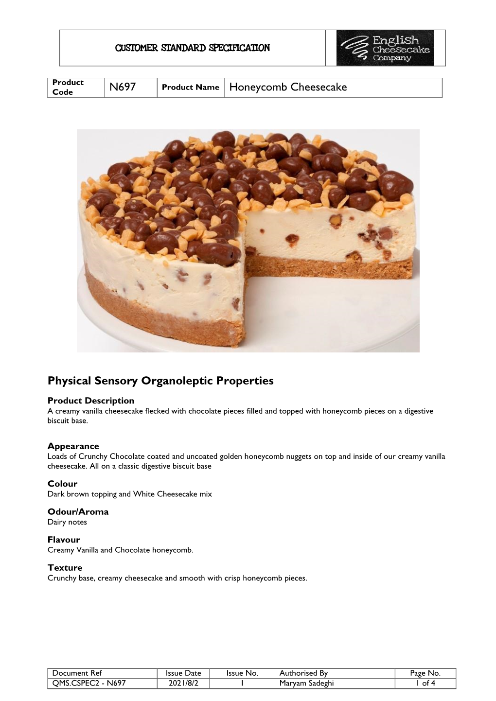 N697 Product Name Honeycomb Cheesecake Physical Sensory