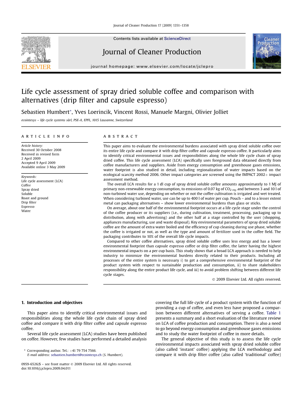 Life Cycle Assessment of Spray Dried Soluble Coffee and Comparison with Alternatives (Drip Filter and Capsule Espresso)