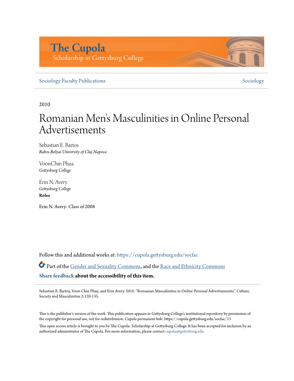 Romanian Men's Masculinities in Online Personal Advertisements Sebastian E