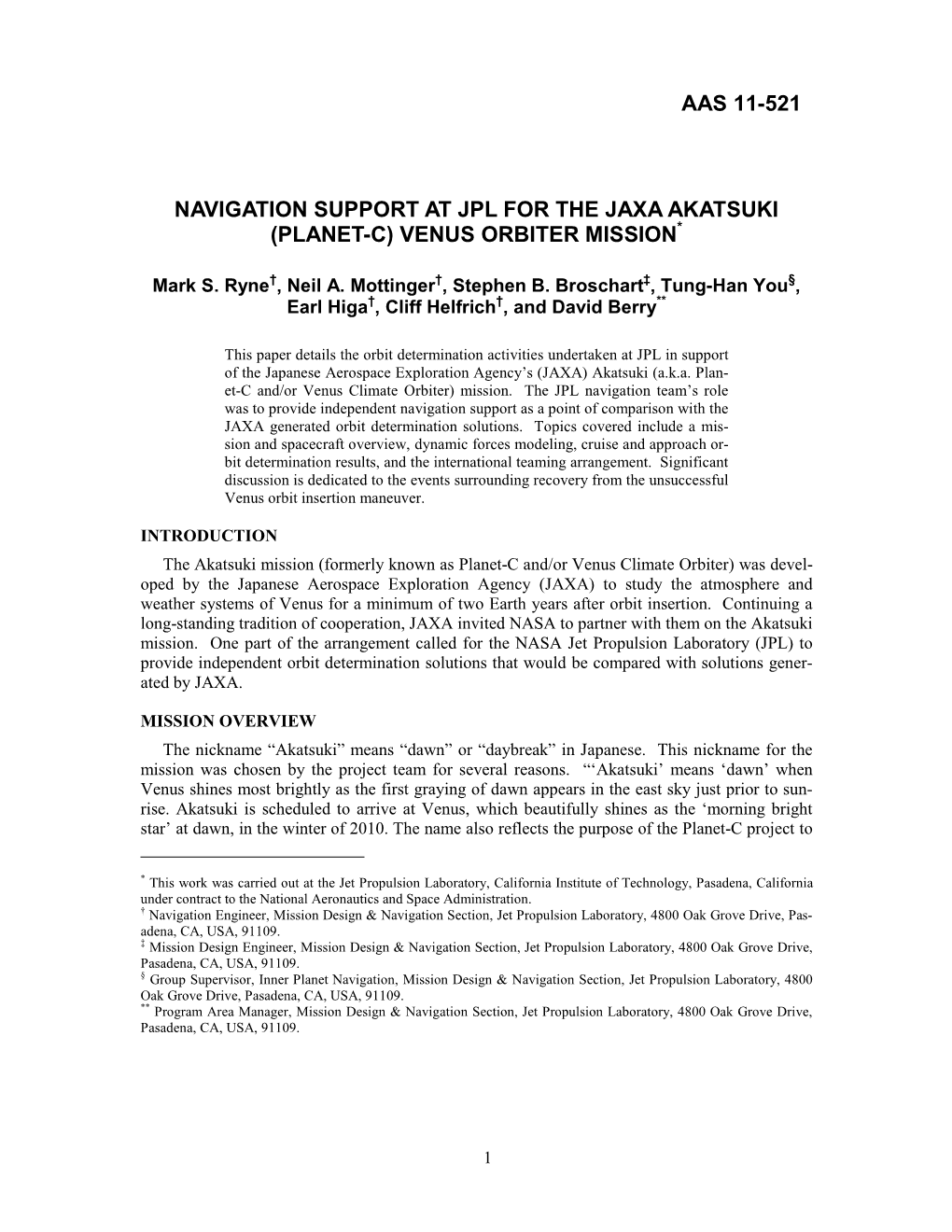 Navigation Support at Jpl for the Jaxa Akatsuki (Planet-C) Venus Orbiter Mission*