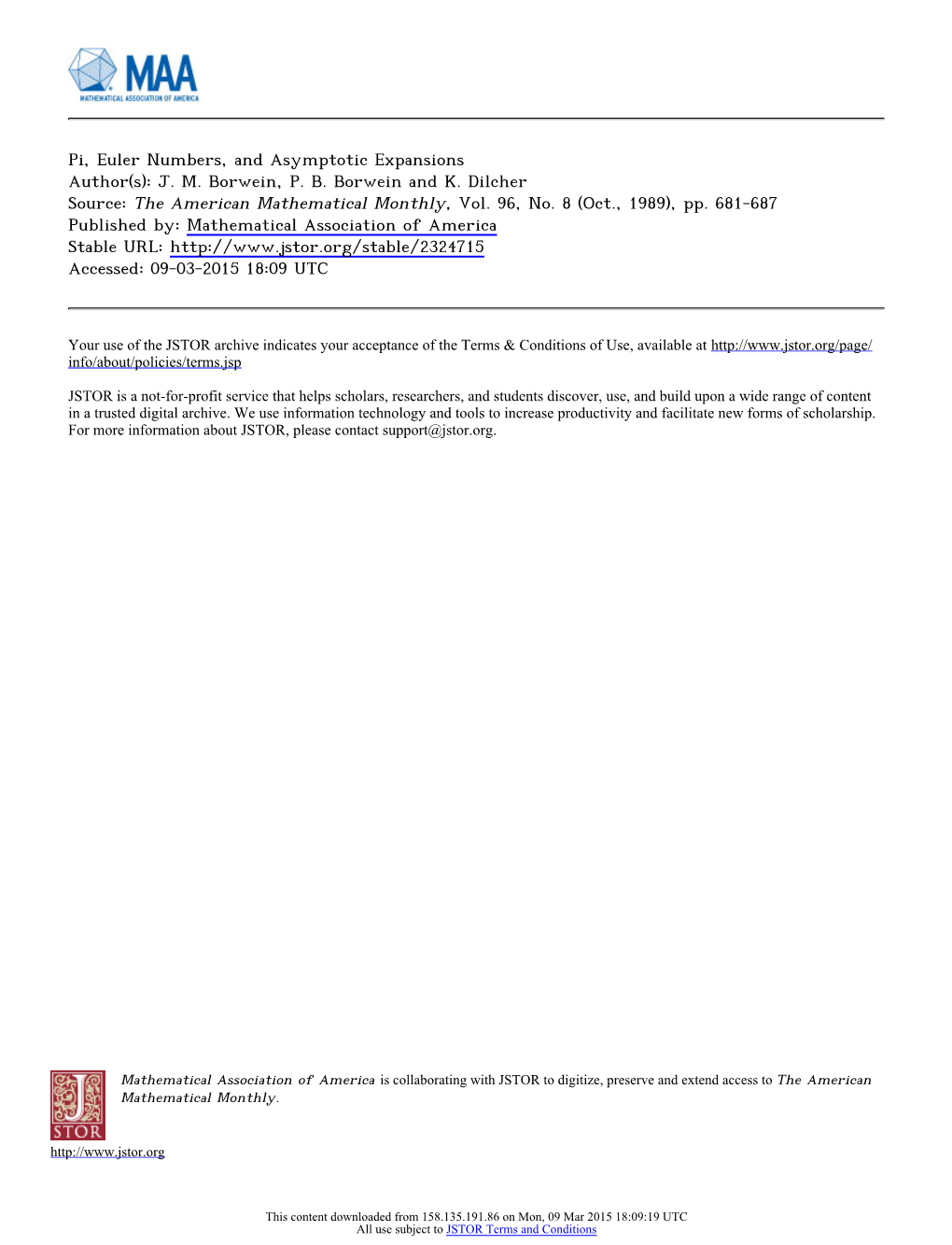 Pi, Euler Numbers, and Asymptotic Expansions Author(S): JM Borwein