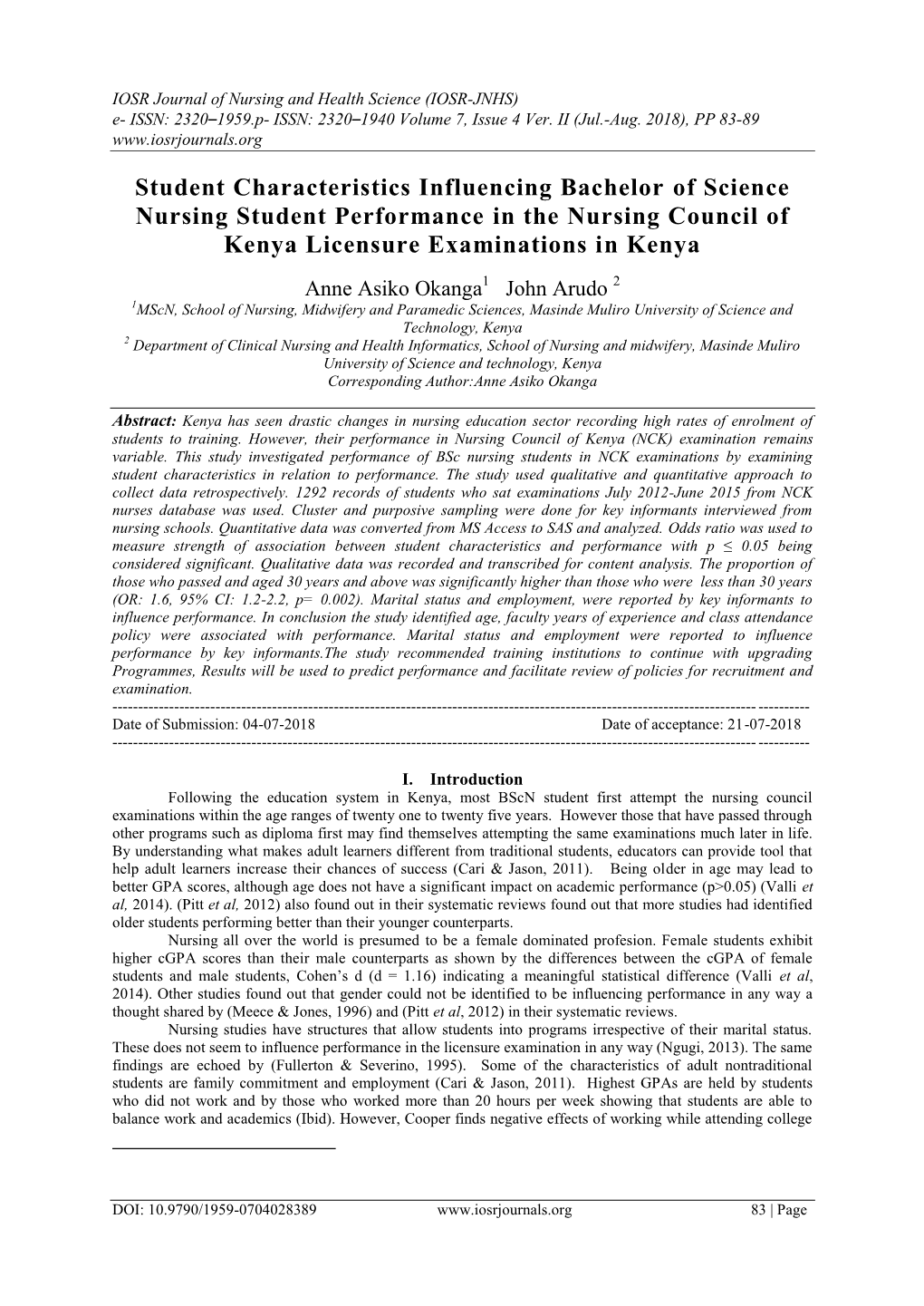 Student Characteristics Influencing Bachelor of Science Nursing Student Performance in the Nursing Council of Kenya Licensure Examinations in Kenya