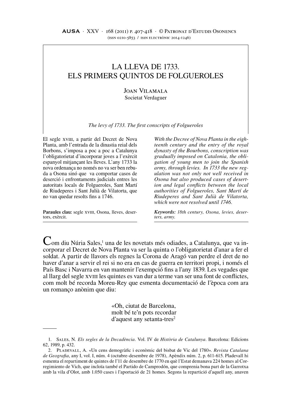 La Lleva De 1733. Els Primers Quintos De Folgueroles