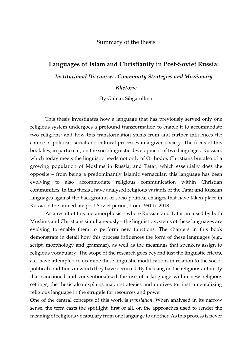 Languages of Islam and Christianity in Post-Soviet Russia