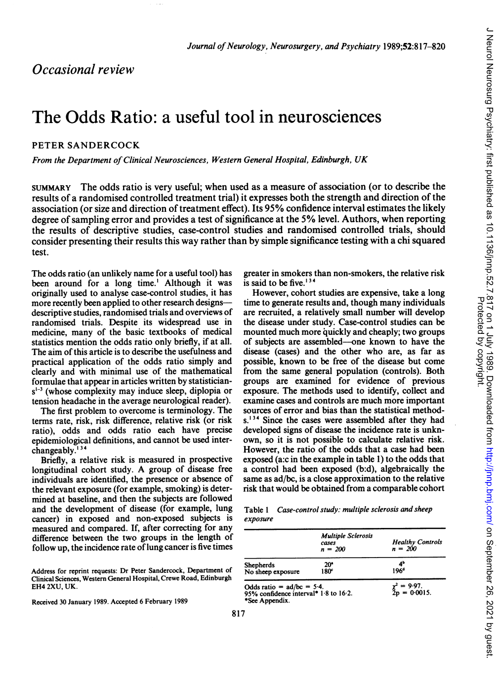 The Odds Ratio: a Useful Tool in Neurosciences
