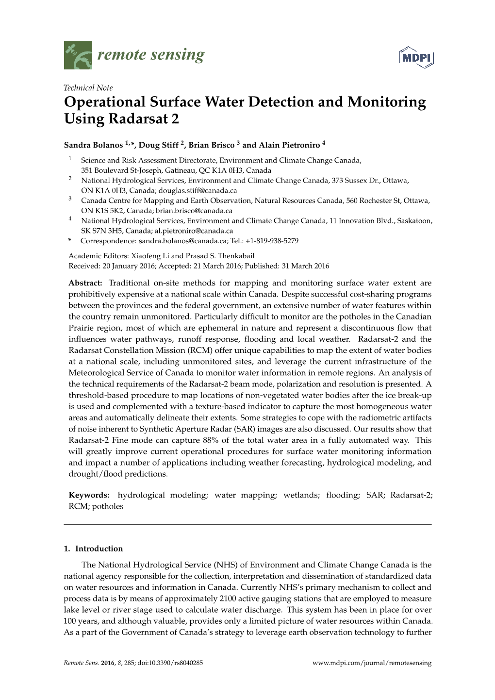 Operational Surface Water Detection and Monitoring Using Radarsat 2