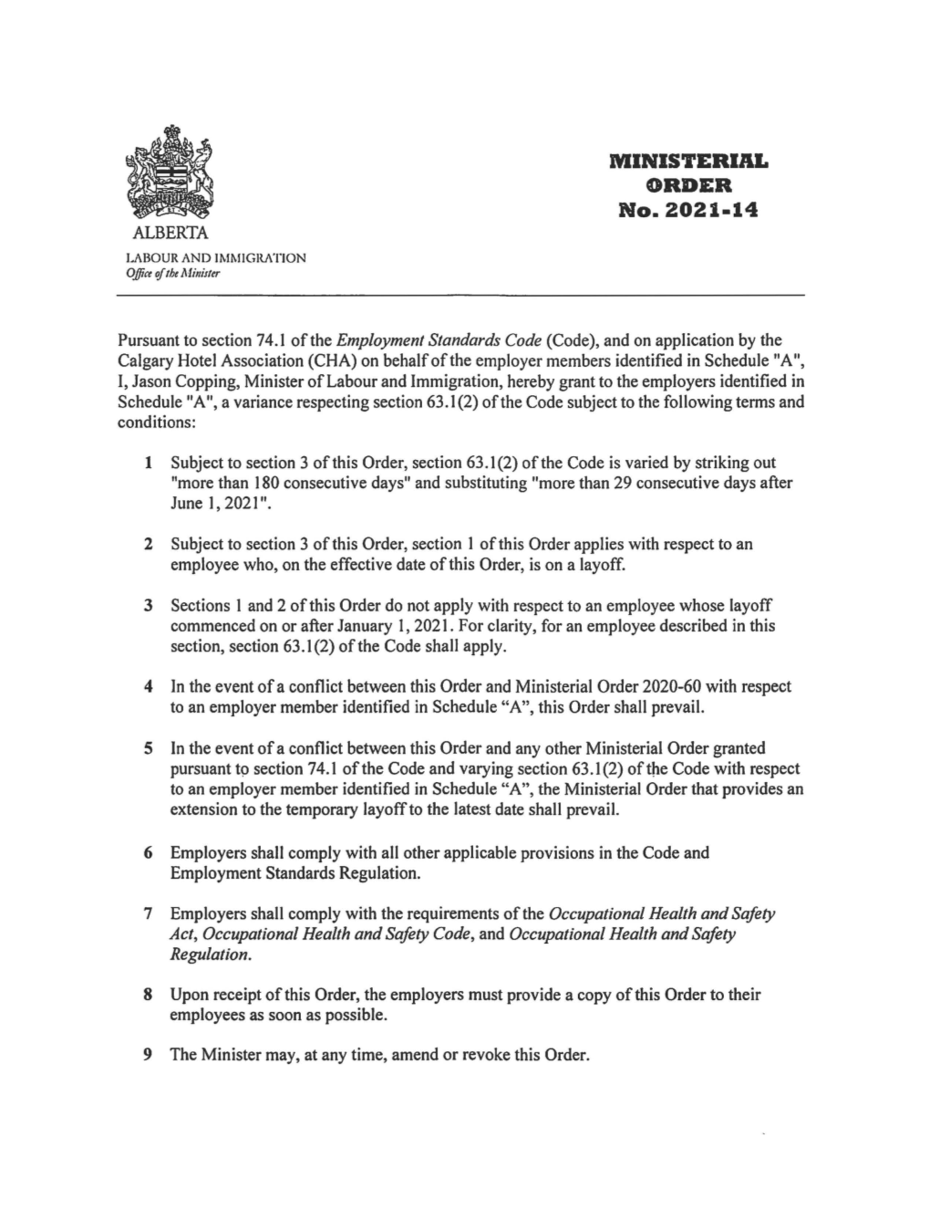Ministerial Order 2021-14 [Labour and Immigration]