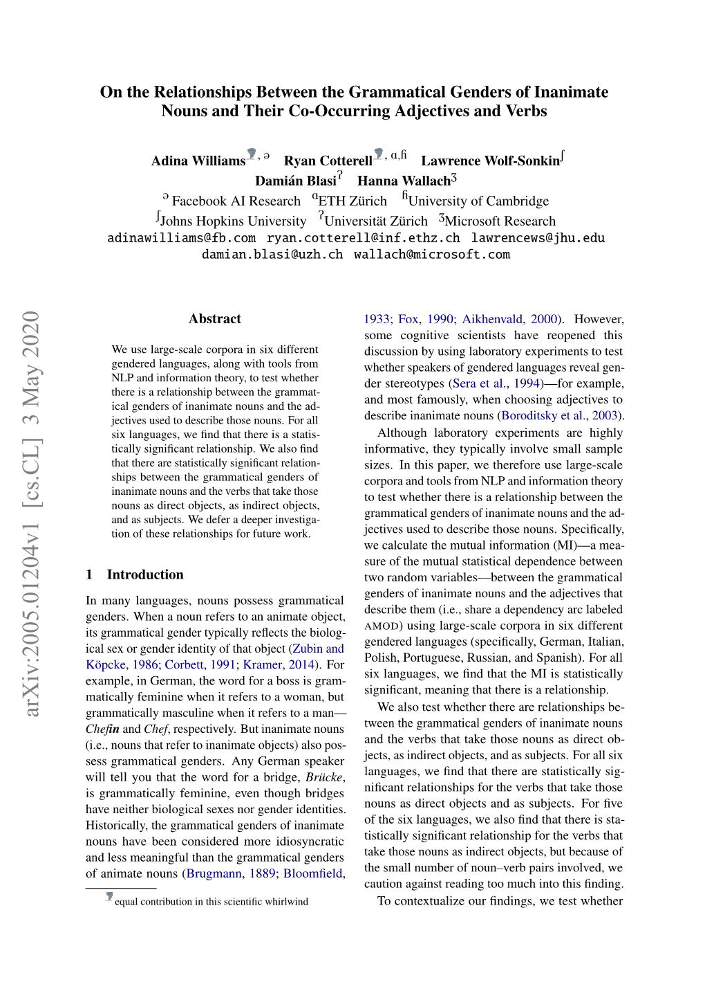 On the Relationships Between the Grammatical Genders of Inanimate Nouns and Their Co-Occurring Adjectives and Verbs