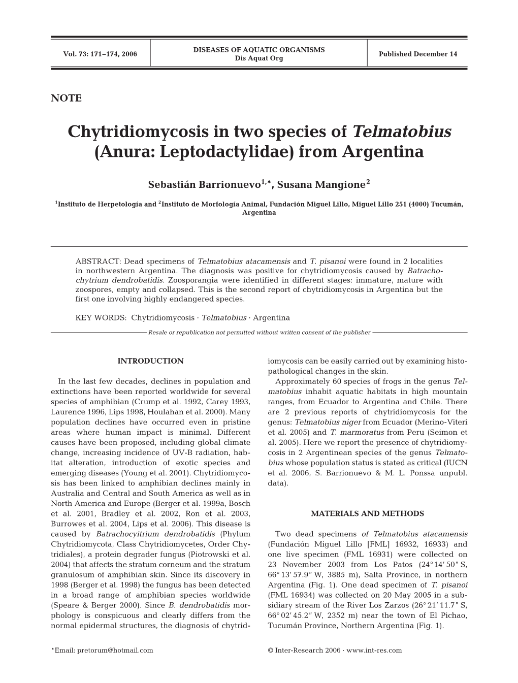 Chytridiomycosis in Two Species of Telmatobius (Anura: Leptodactylidae) from Argentina