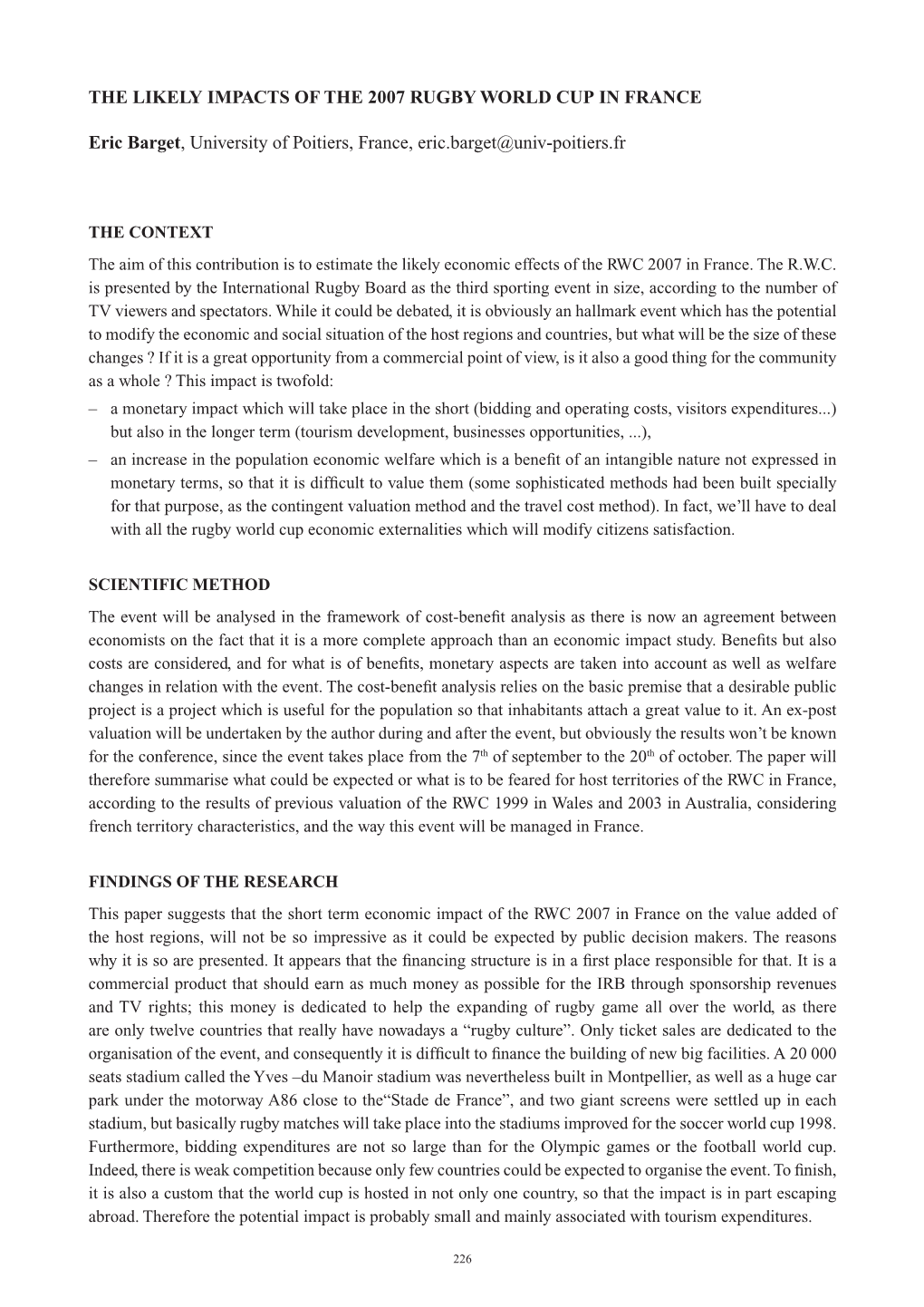 The Likely Impacts of the 2007 Rugby World Cup in France