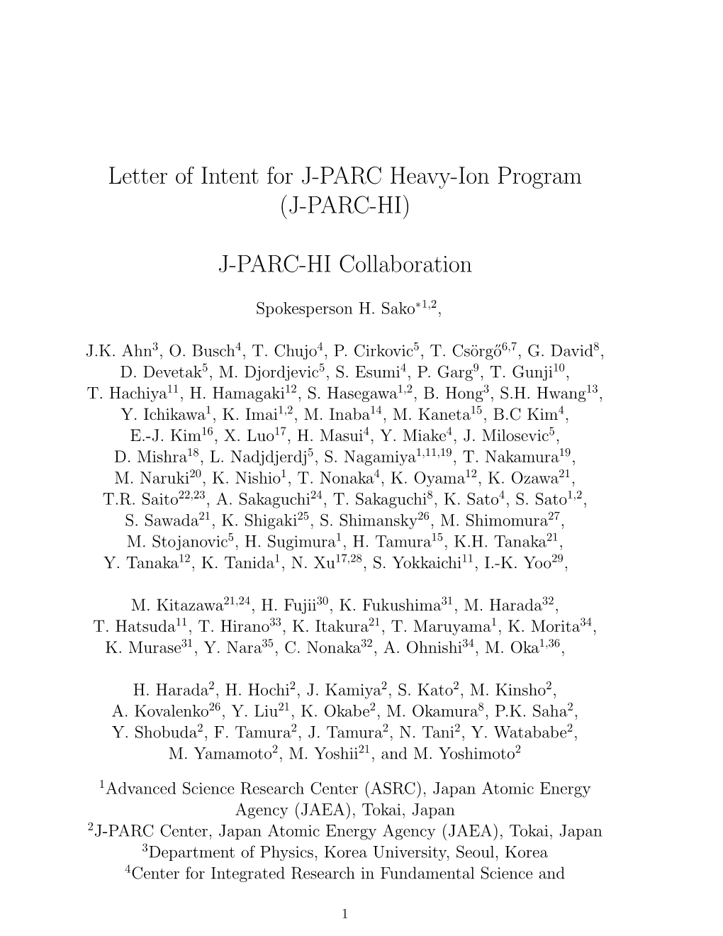 Letter of Intent for J-PARC Heavy-Ion Program (J-PARC-HI)