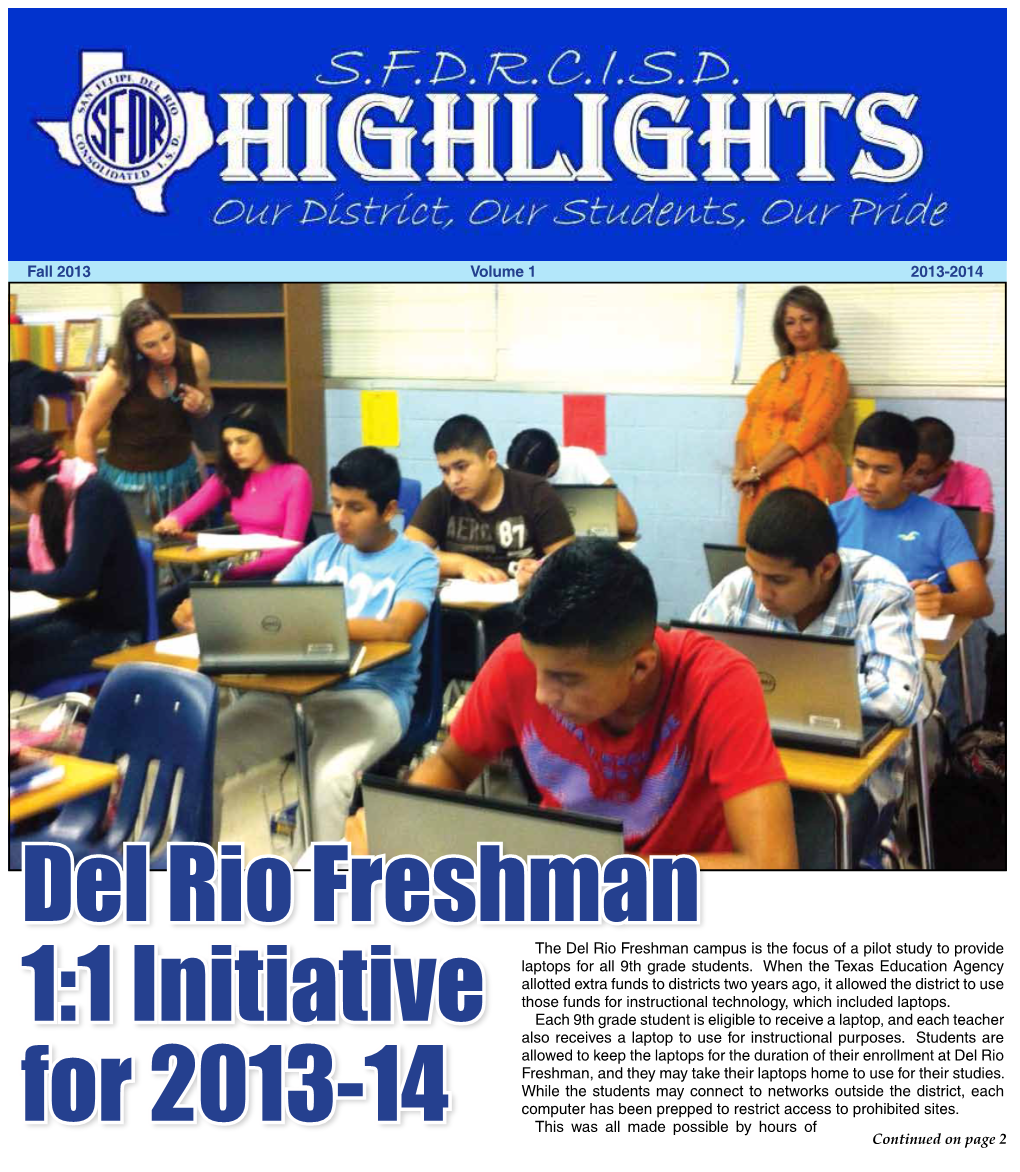 Del Rio Freshman 1:1 Initiative for 2013-14 Tomorrow’S Success Dr