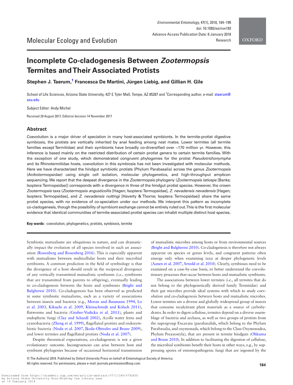 Incomplete Co-Cladogenesis Between Zootermopsis Termites and Their Associated Protists