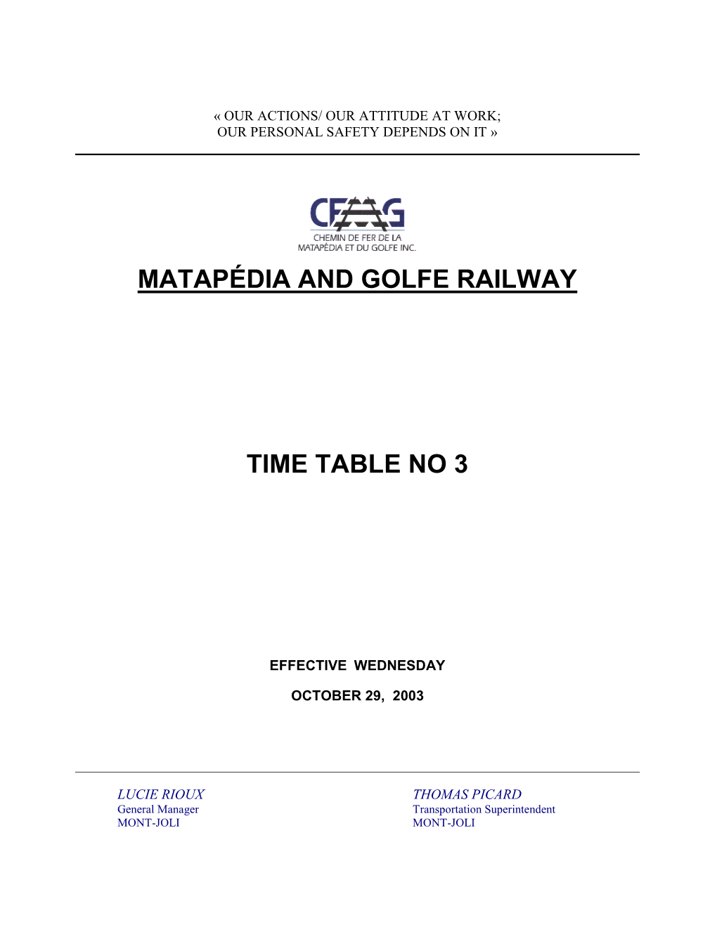 Matapédia and Golfe Railway Time Table No 3