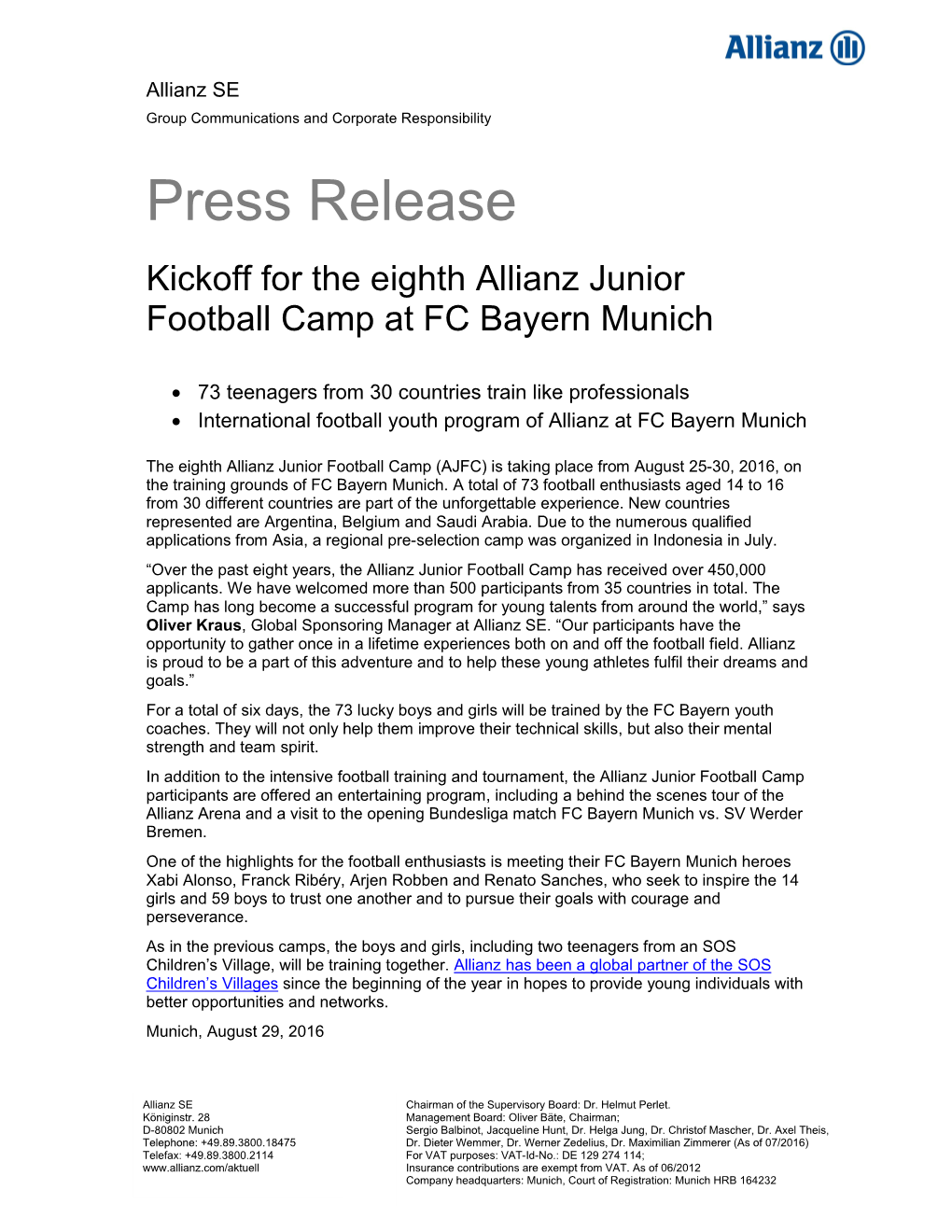 Press Release Kickoff for the Eighth Allianz Junior Football Camp at FC Bayern Munich