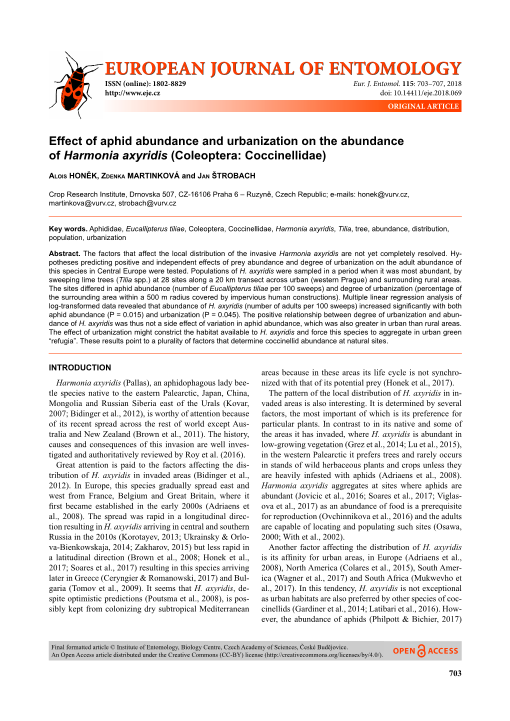 Effect of Aphid Abundance and Urbanization on the Abundance of Harmonia Axyridis (Coleoptera: Coccinellidae)